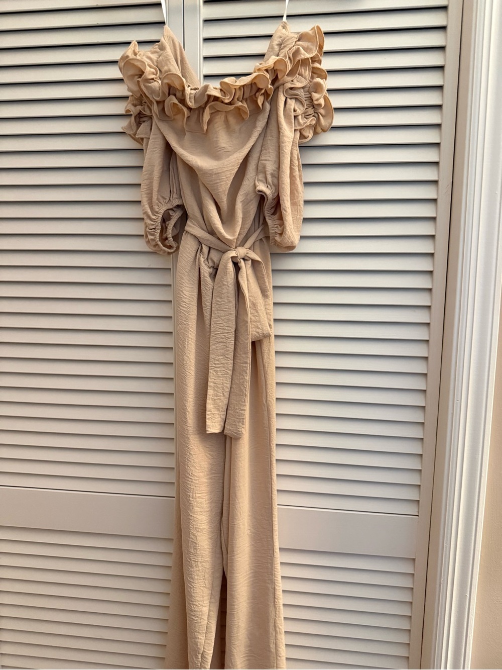 chic Beige Ruffle Off-Shoulder Jumpsuit with Self-Tie Belt